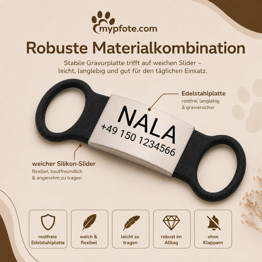 Klapperfreie Hundemarke Silikonslider mit Edelstahl-Schild für Halsbänder inkl. GRATIS Gravur