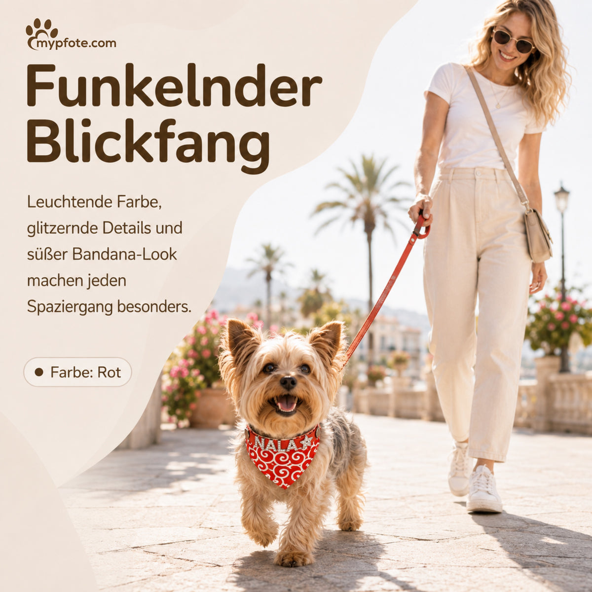 Hundehalstuch mit Namen und Hundehalsband aus echtem Leder. Besetzt mit glitzer Strass-Buchstaben