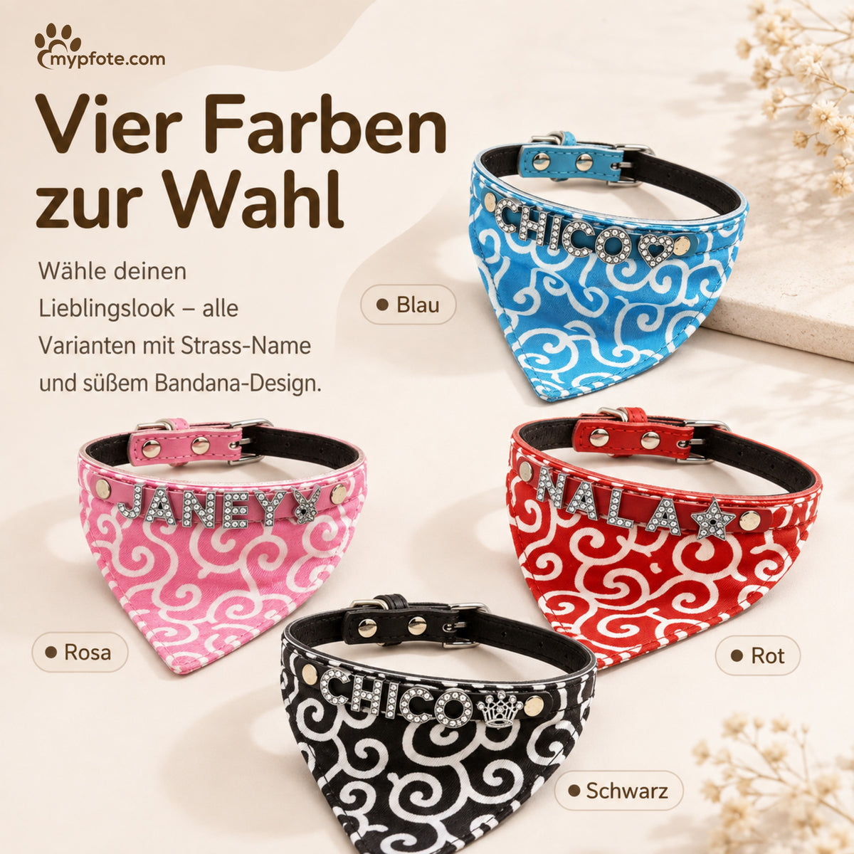 Hundehalstuch mit Namen und Hundehalsband aus echtem Leder. Besetzt mit glitzer Strass-Buchstaben