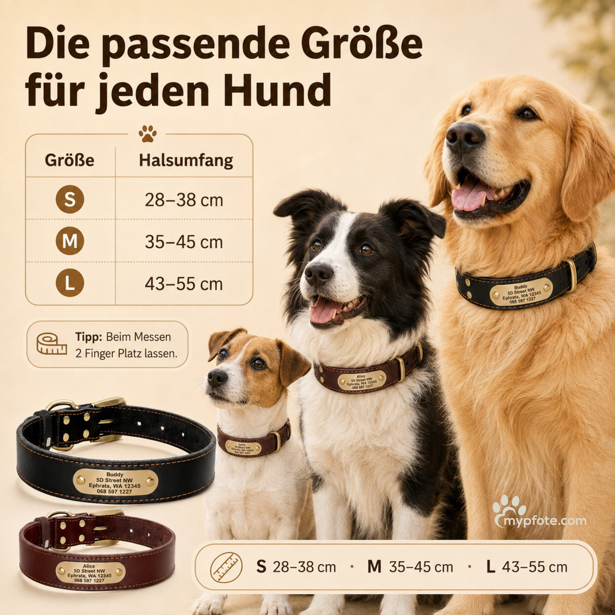 Edles Hundehalsband aus Rindsleder mit Gravur Name und Telefon