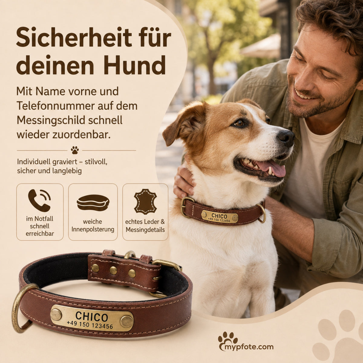 Hundehalsband mit Namen auf Messingschild aus hochwertigem Leder, Innenpolsterung aus Neopren, 2 massive D-Ringe