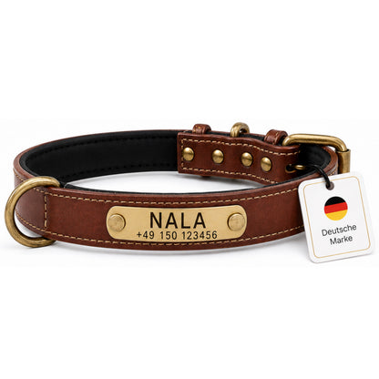 Hundehalsband mit Namen auf Messingschild aus hochwertigem Leder, Innenpolsterung aus Neopren, 2 massive D-Ringe