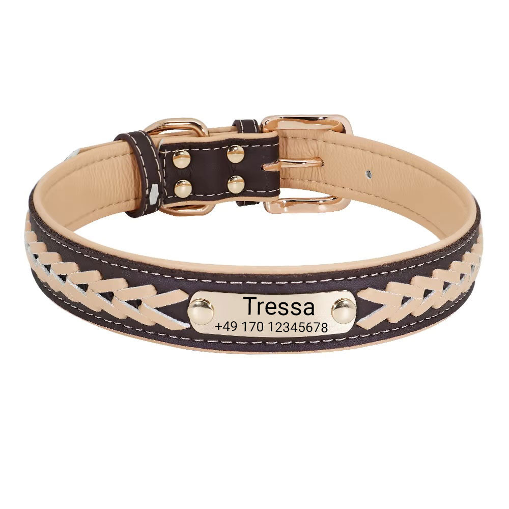 Hundehalsband mit Namen "Tressa". Gravur von Name und Telefon, in drei verschiedenen Größen