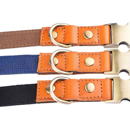 Hundehalsband "Valdo" mit Gravur – robustes PE-Gewebe & Leder – Messing matt – Marineblau, Hellblau oder Grün (S–L)