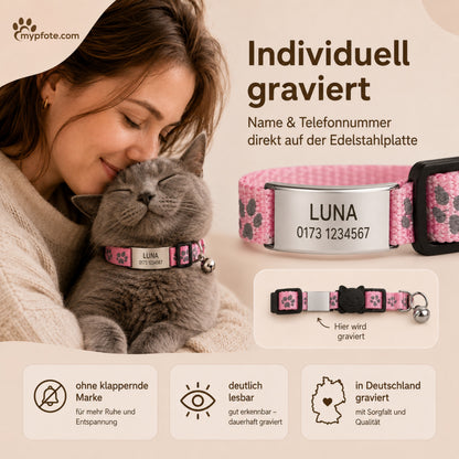 Katzenhalsband mit Name und Telefonnummer graviert