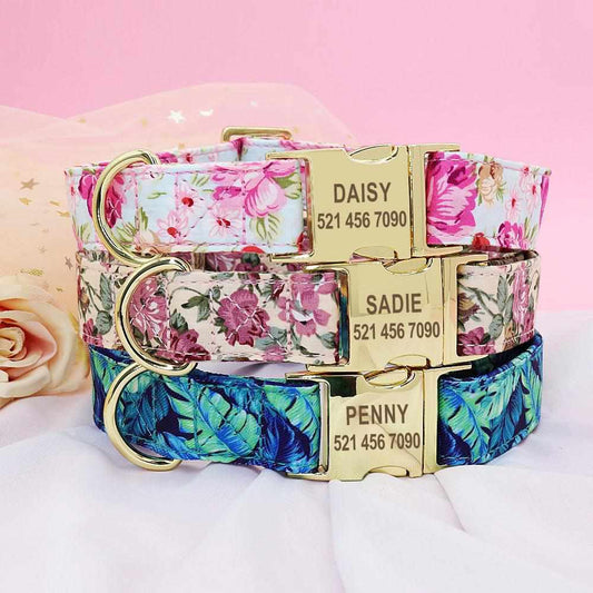 Hundehalsband mit Blumenmuster und gratis Gravur - optional als Set